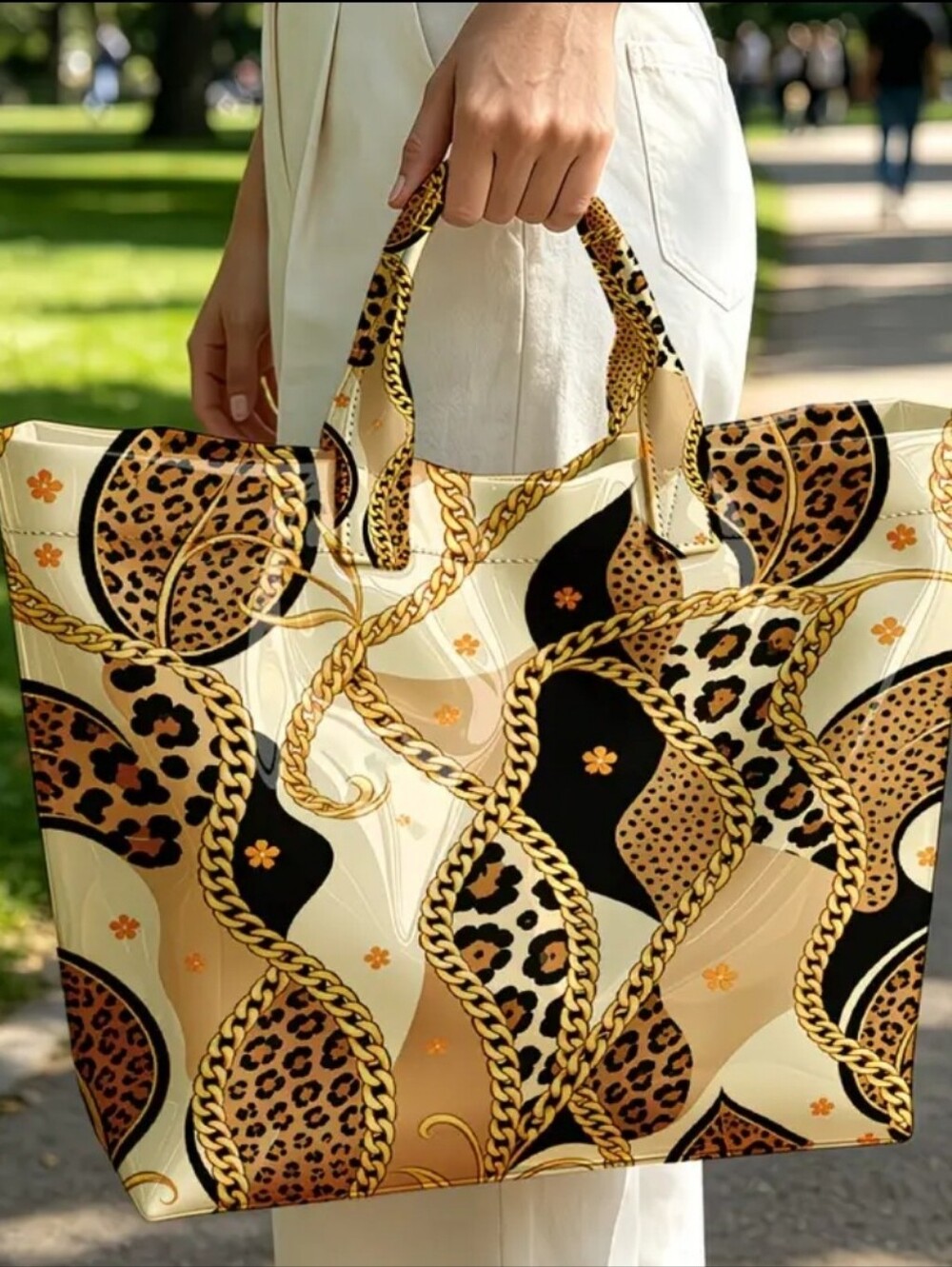 Women Chain Leopard PVC Daily Commute Hand Tote Large